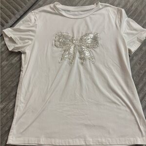 SHEIN White Tee with Silver Sequin Bow
